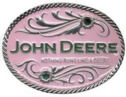 Pink John Deere buckle with green stones